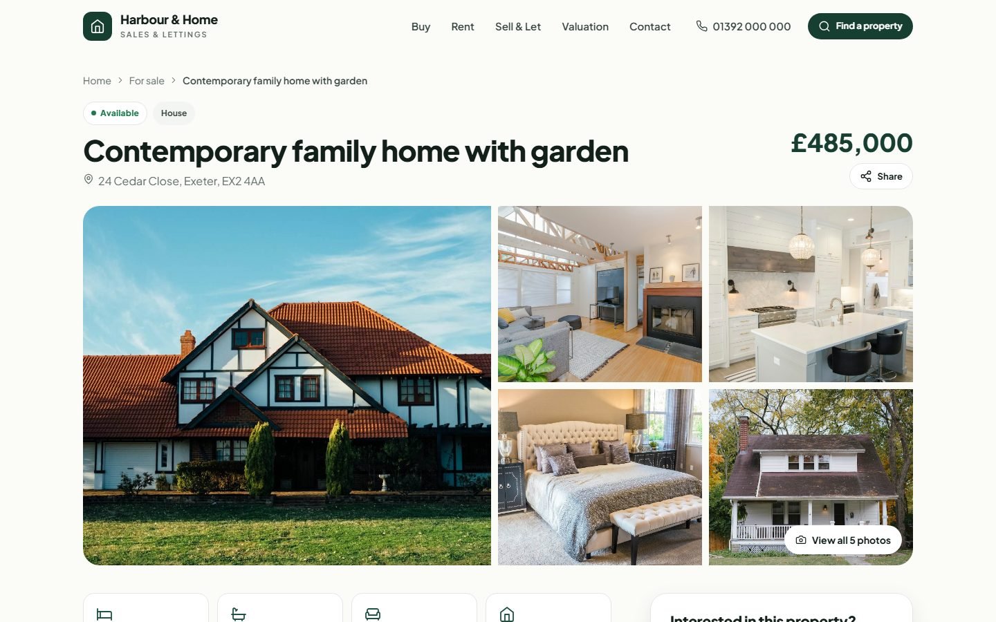 Property detail page with a photo gallery and price