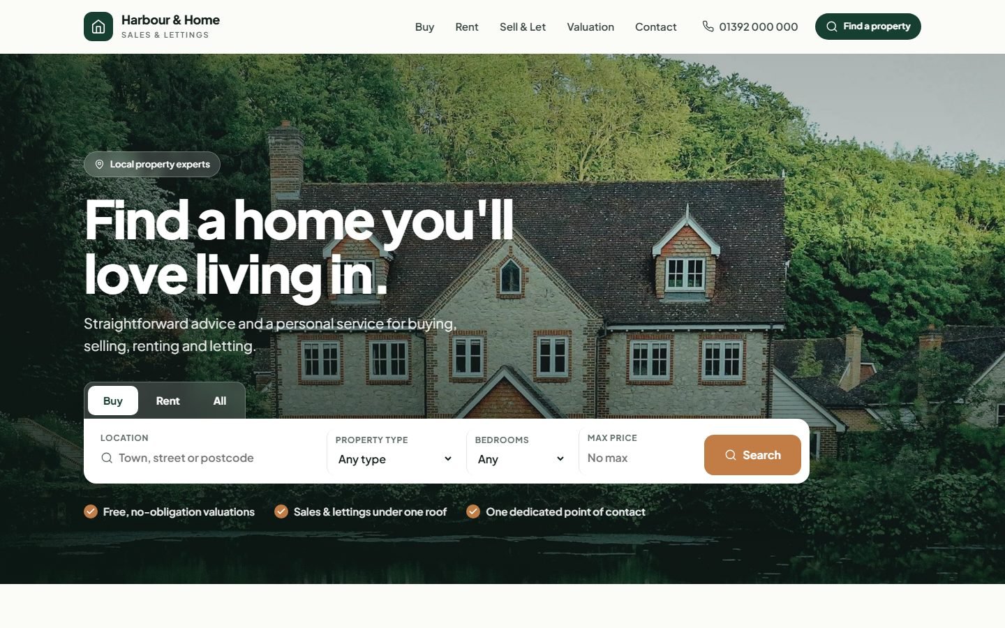 Harbour & Home homepage with a large photo of a house and a property search bar