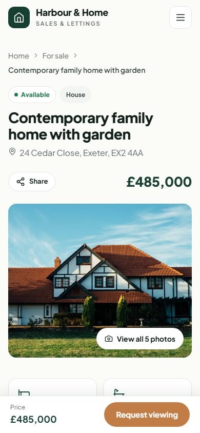 Property detail page on a mobile phone