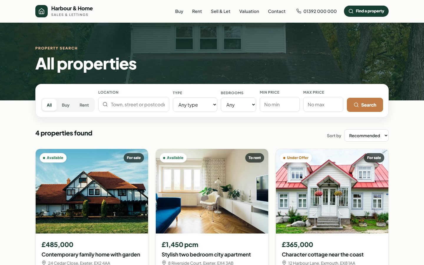 Property search results page with filters and property cards